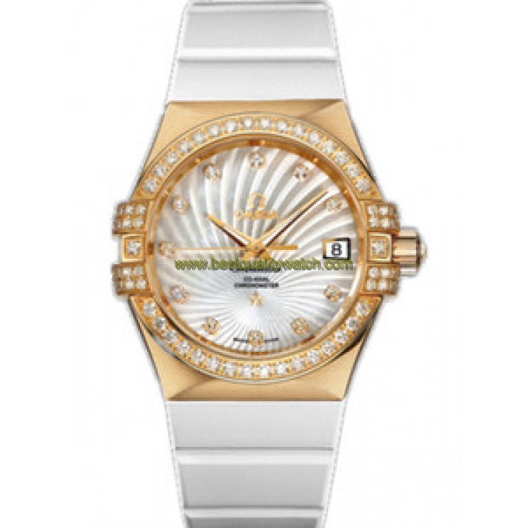 High quality Replica Omega Constellation 35mm Automatic Chronometer White Mother Of Pearl Dial Yellow Gold Ladies Watch 123.57.35.20.55.003